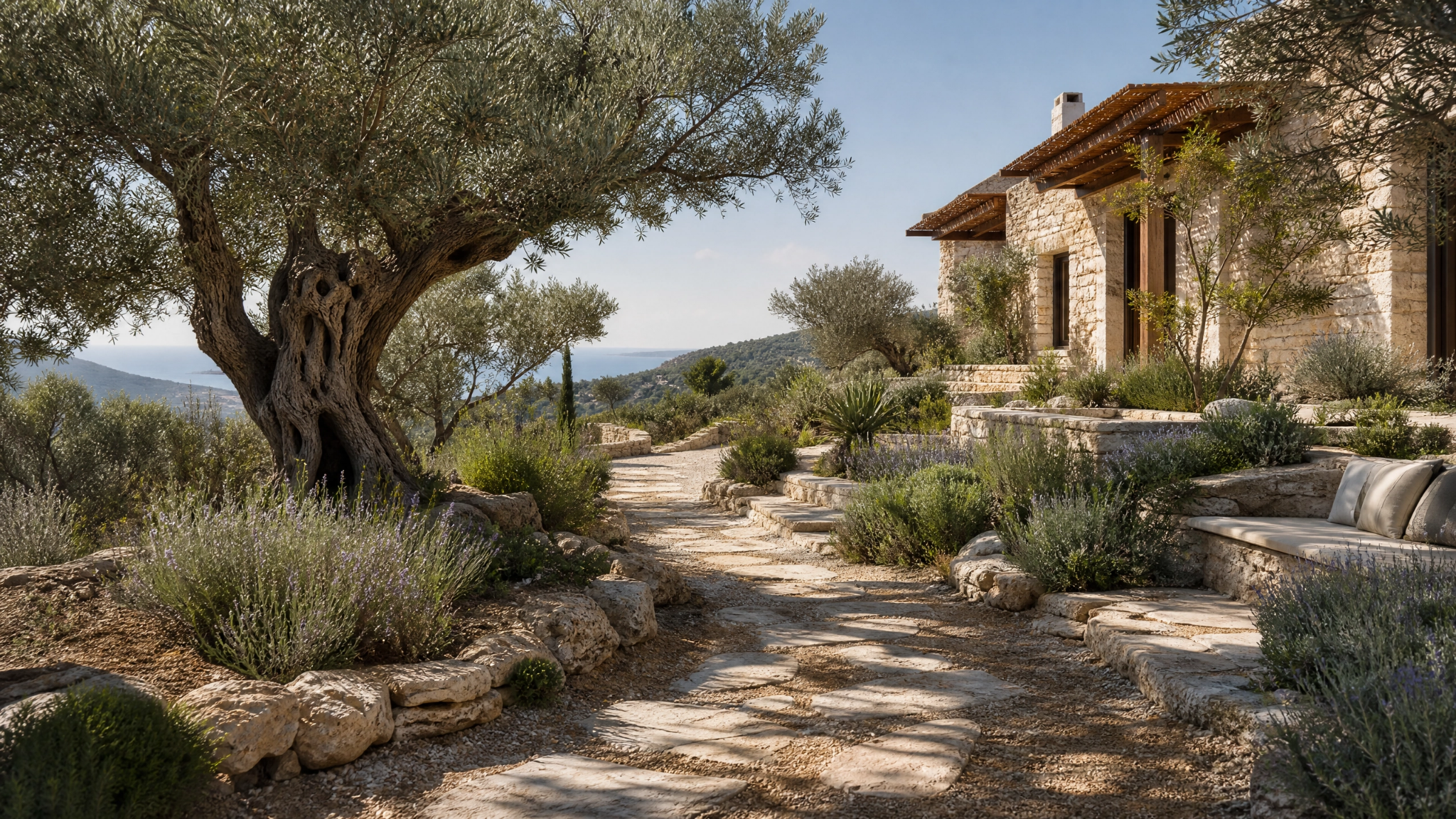 Architettura mediterranea con ulivo monumentale